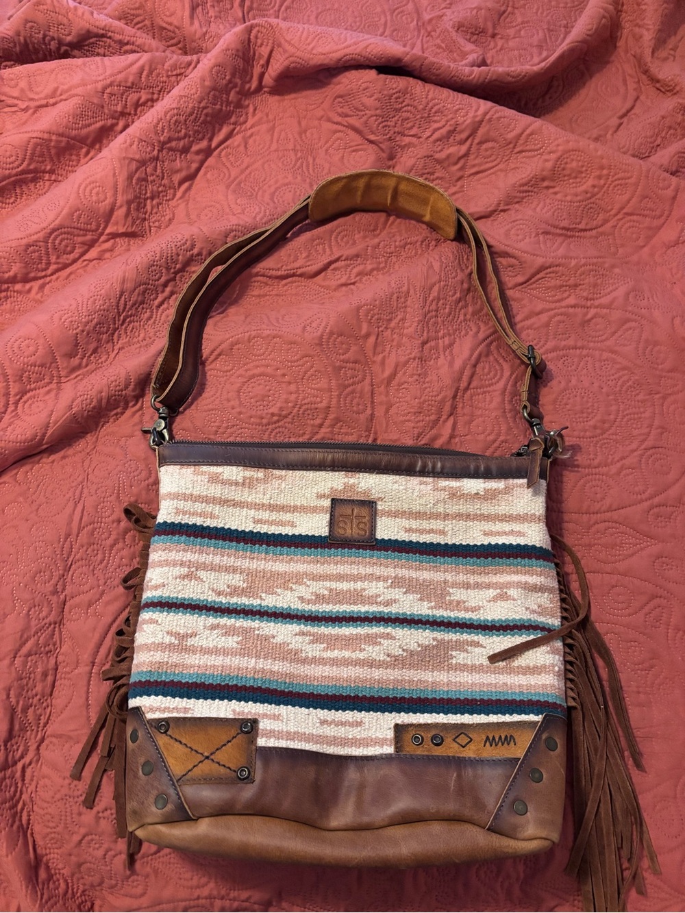 STS Ranchwear Cream, Tan & Teal Southwestern Fringe Shoulder Bag